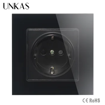 

UNKAS EU Standard Socket AC 110~250V 16A Wall Black Color Tempered Crystal Glass Panel Free Shipping