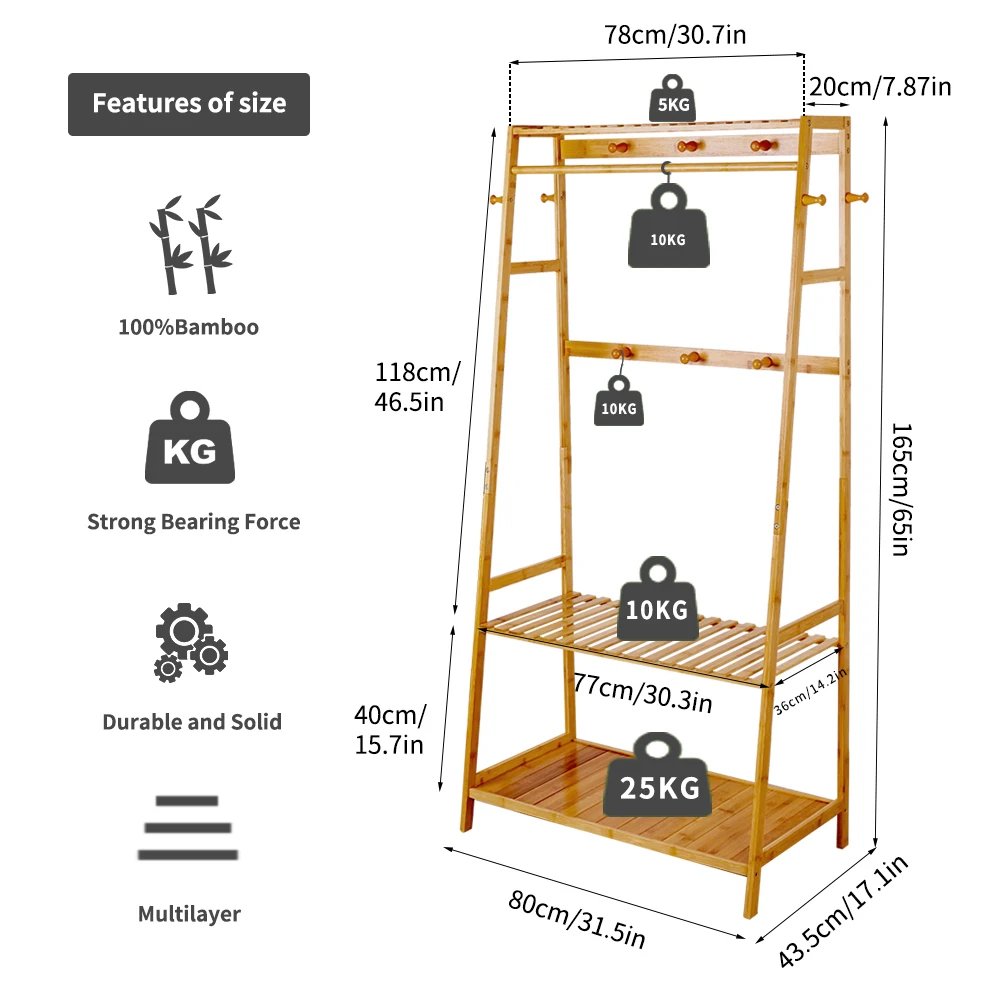 Bamboo Garment Coat Clothes Hanging Heavy Duty Rack with top shelf and 2-tier Shoe Clothing Storage Organizer Shelves — view 5