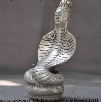 

7"old Tibet Tibetan silver Buddhism snake Naga Serpent Bodhisattva Buddha statue