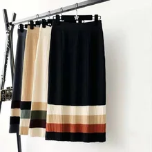 Женские зимние теплые юбки, прямые, в полоску, с эластичной талией, Jupe Femme Falda Mujer, осенняя, шикарная, вязаная юбка, сексуальные юбки с высокой талией