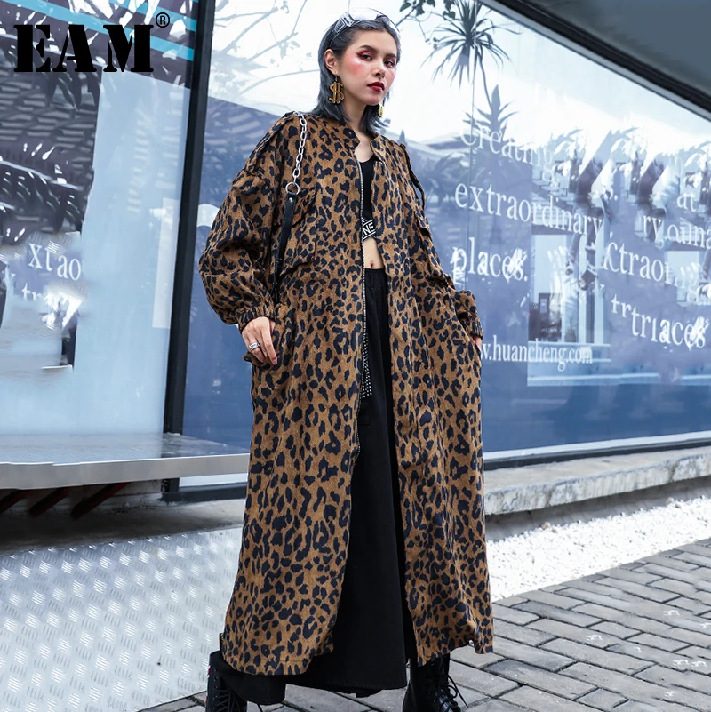  [EAM] Women Print Oversize Hit Color Trench New Stand Long Sleeve Loose Fit Windbreaker Fashion Tid