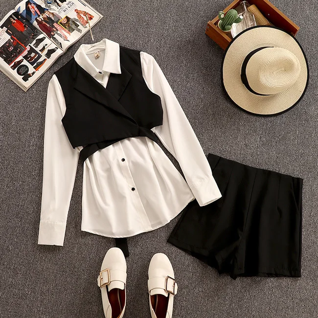 

Single Breasted Long Sleeve Shirts+Lace-up Suits Jacket Tank Tops+High Waist Shorts Women Fashion Autumn Office Work 3PCS Sets