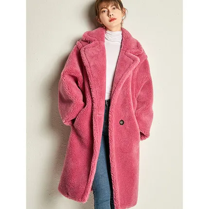 Женская меховая куртка, зима, новая мода, мех ягненка, длинное пальто, теплое, утолщенное, Женская шерстяная куртка, Повседневная зимняя парка для женщин - Цвет: Light rose