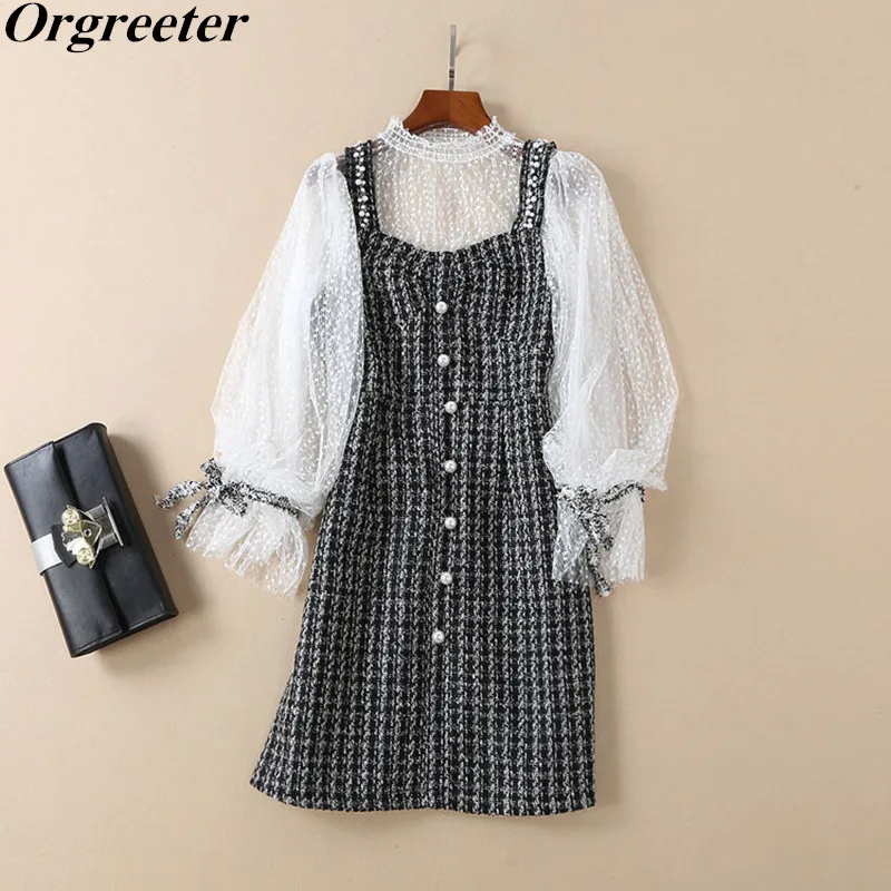 

2019 Spring Autumn Elegant Women Tweed Dress Sets Transparent Lantern Sleeves Tops+ Bead Tweed Dress 2pcs Set Party Clothing