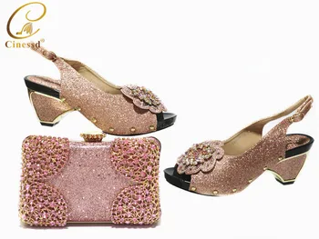 

Pink Color Italian Women Matching African Wedding Shoes and Bag Set Decorated with Rhinestone Ladies Pointed Toe Party Sandal