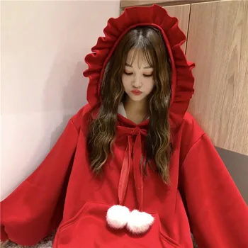 

Womens Sweatshirt Ruffles Long Sleeve Hoodie Autumn Winter Fashion Sweatshirts Drawstring plush ball Hooded Pullover Bows