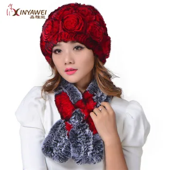 

2019 New Fashion Weaving Flowers Real Rex Rabbit Fur Hat Scarf Set Winter Leather Wool Scarf Hat Ladies Go Out Warm Elastic Hat.
