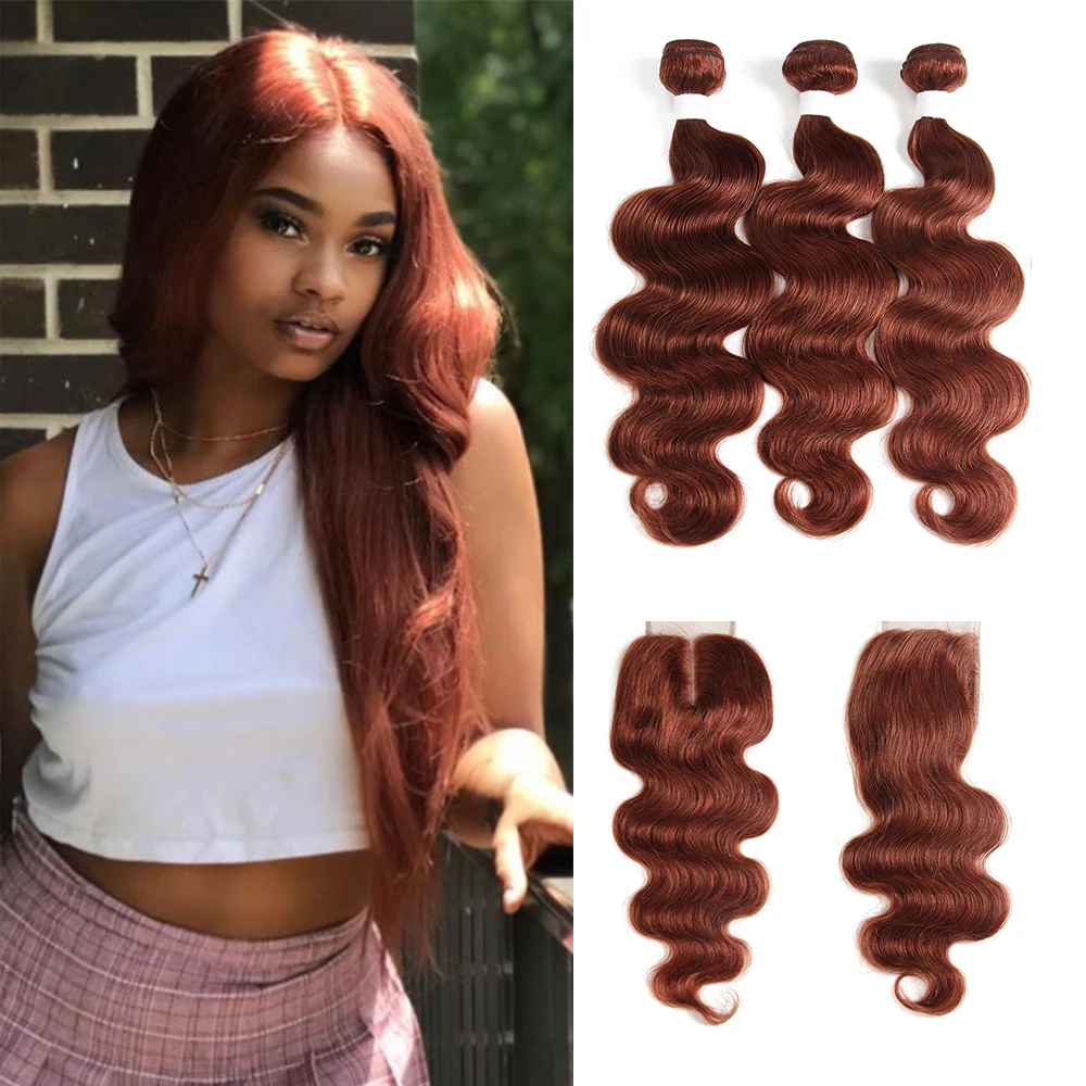 Miglior Brown Auburn Pacchi Dei Capelli Umani Con Chiusura 4x4 KEMY CAPELLI 3 PCS Brasiliani Dell onda Del Corpo Dei Capelli Umani Del Tessuto bundles Dei Capelli Non Remy