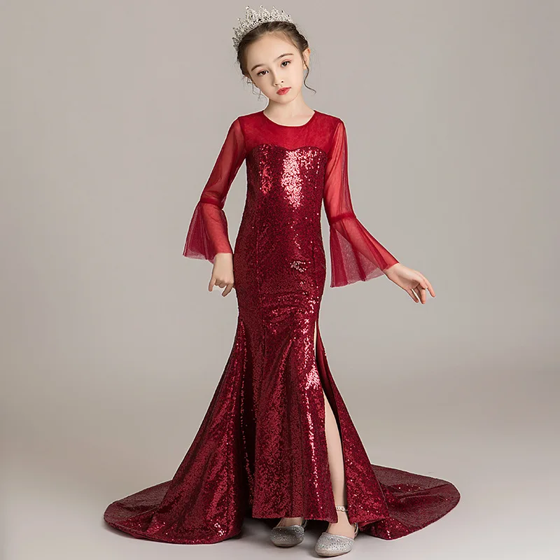 Расшитое блестками платье принцессы русалки с длинными рукавами и высоким разрезом; Платья с цветочным узором для девочек на свадьбу; торжественное платье с длинным шлейфом для девочек
