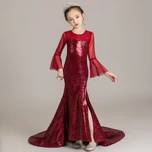 Расшитое блестками платье принцессы русалки с длинными рукавами и высоким разрезом; Платья с цветочным узором для девочек на свадьбу; торжественное платье с длинным шлейфом для девочек