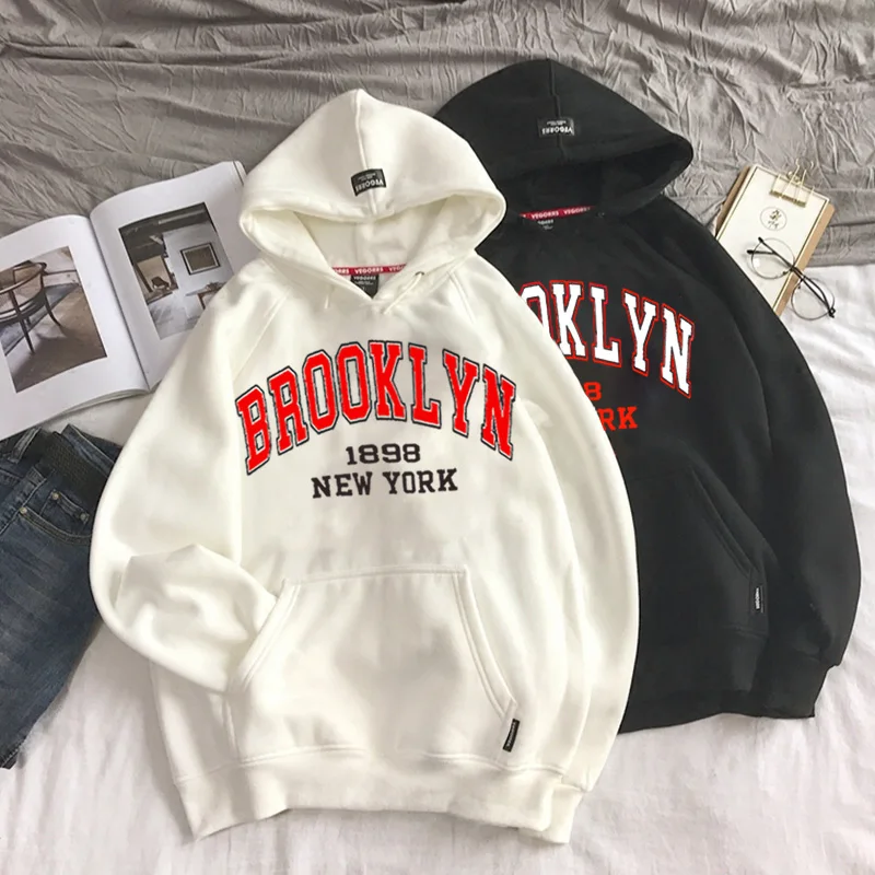 Новые женские бархатные толстовки с капюшоном и надписью Brooklyn толстые теплые из