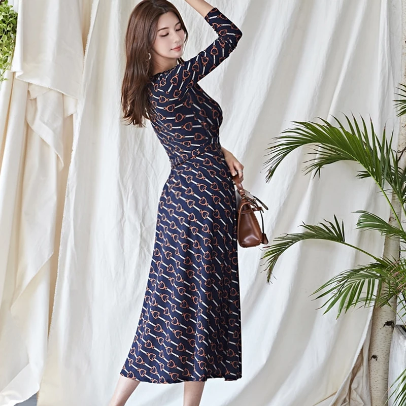 H Han Queen Autumn Winter Boho Style Print Long Dress Women New Lace-up Bottoming Dresses OL Casual A-line Holiday Vestidos