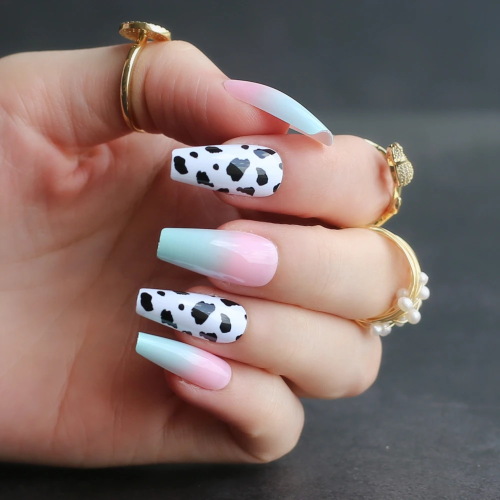 Pink Blue Ombre French Cow Print Gel False Nails 24pcs Acrylic Design Nails  Black Dalmatian Cute Summer Fake Nail - False Nails - AliExpress