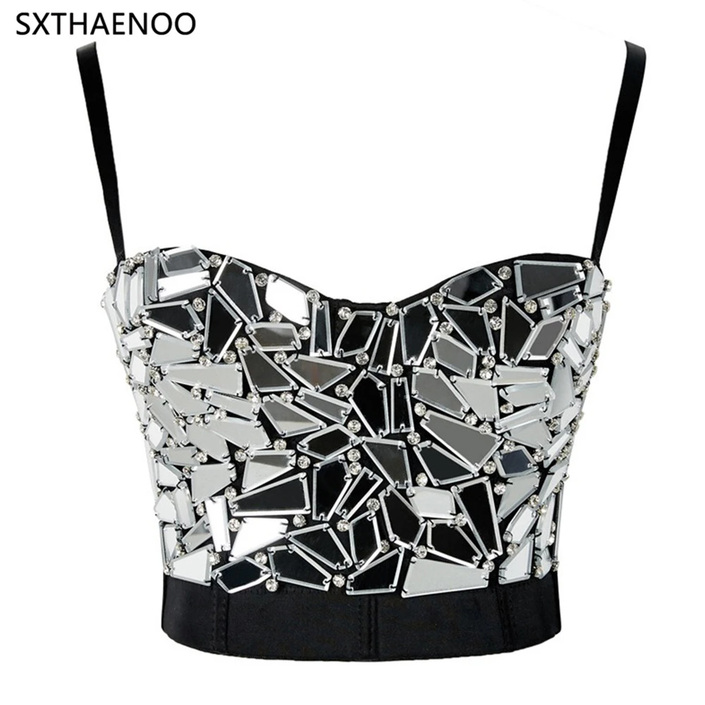 SXTHAENOO Women's Silver Sequin Cropped Top Rhinestone Beading  Sexy Corset Top Plus Size Carnival Party Camisole silk camisole