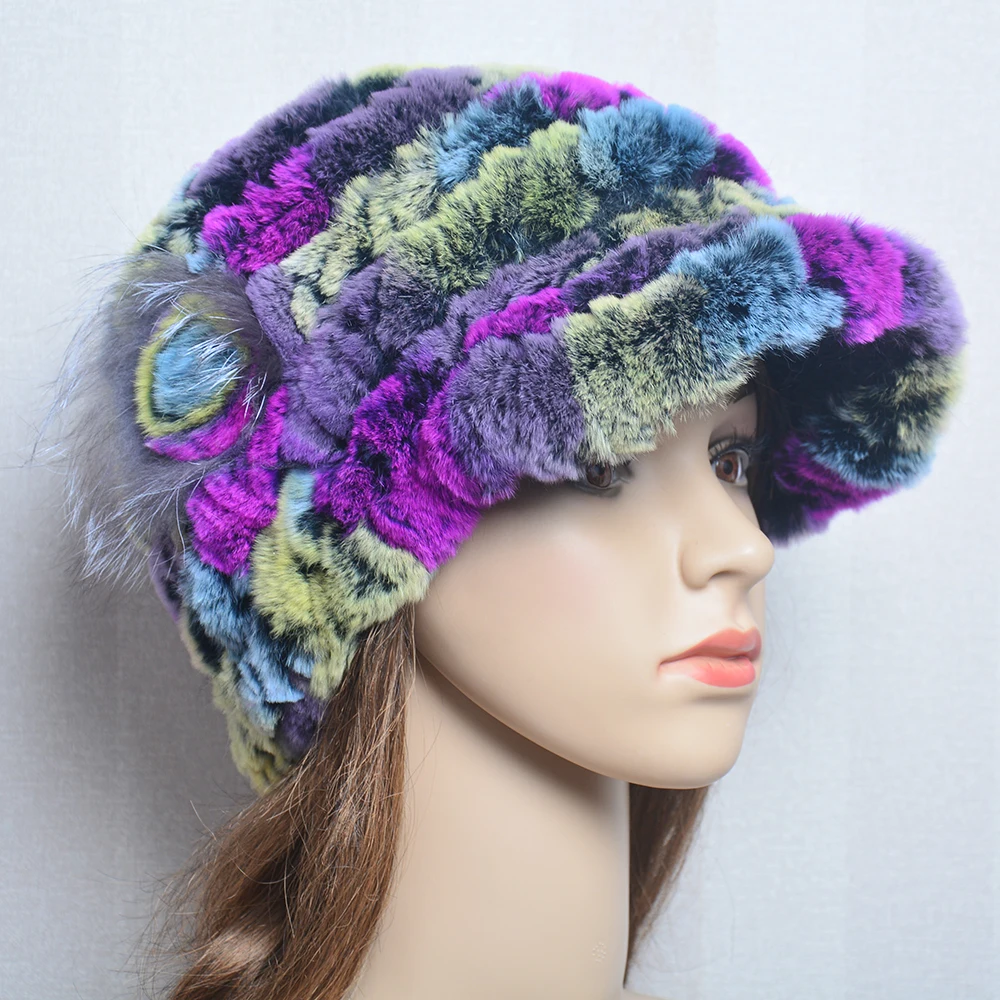 Fashion Lady Real Rex Rabbit Fur Hat Snow Cap Winter Hats for Women Girls Real Fur Knitting Skullies Beanies Natural Fluffy Hat 2
