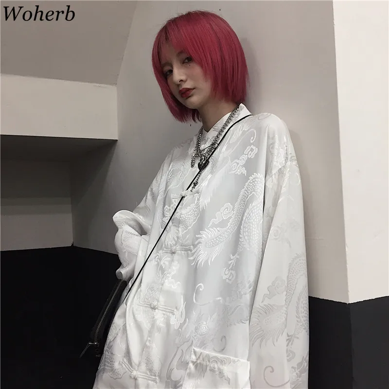 Женская/Мужская винтажная блузка Woherb с принтом дракона в стиле Харадзюку