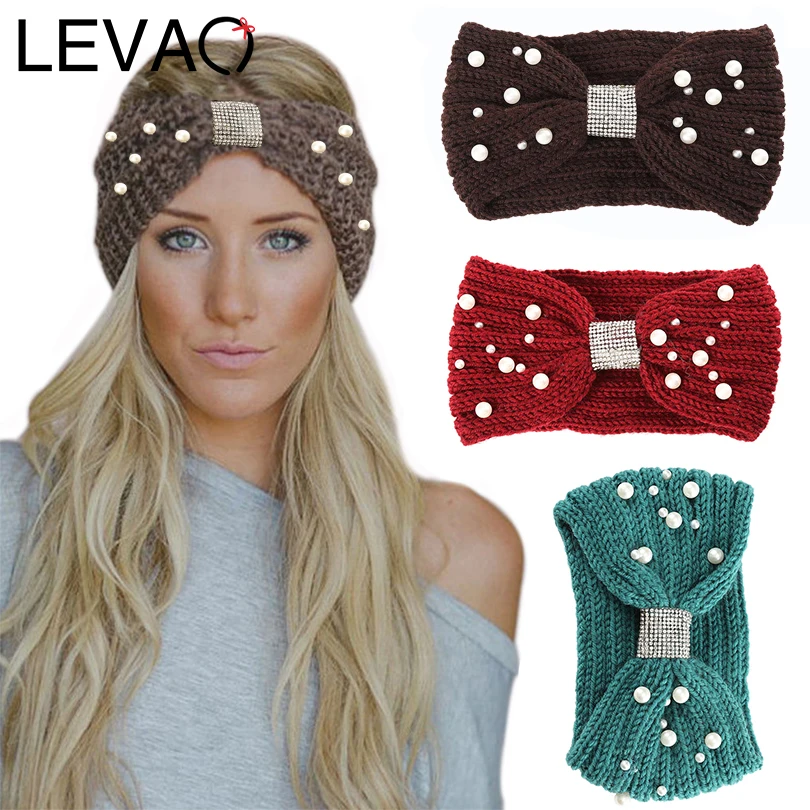 LEVAO, осенне-зимние модели, вязаная повязка на голову с жемчугом, стразы, завязанная шерстяная теплая тюрбан, женские повязки на голову, аксессуары для волос для девочек