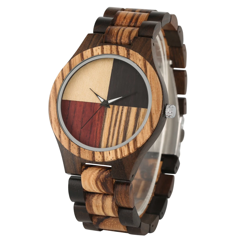 

New Arrival 4 Splice Color Dial Full Wooden Watch Male Folding Clasp Quartz Wood Wristwatch Bangle New 2019 reloj masculino