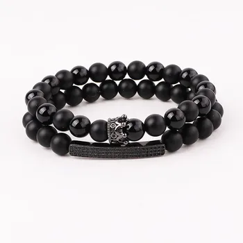 New Fashion Natural Stone Matte Onyx CZ Pave Crown Charm Beads Elastic Bracelet Set For Men