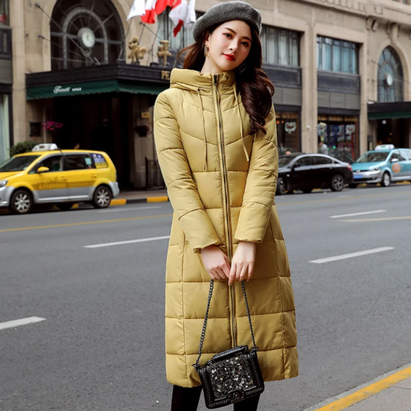 Желтые толстые парки с узором длинные женские куртки капюшоном и пальто Зимняя