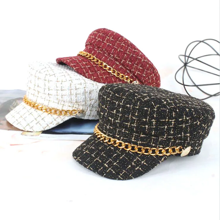 stylish baseball caps for ladies Autumn and spring hat female naval hat chain hat flat top hat high quality cool nice beautiful hats for women check button hats cute baseball caps