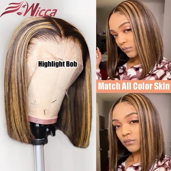 

Short Bob Highlight Ombre Middle Part Human Hair Wigs highlights Straight Bob 360 Full Lace frontal wig Remy Brazilian Hair
