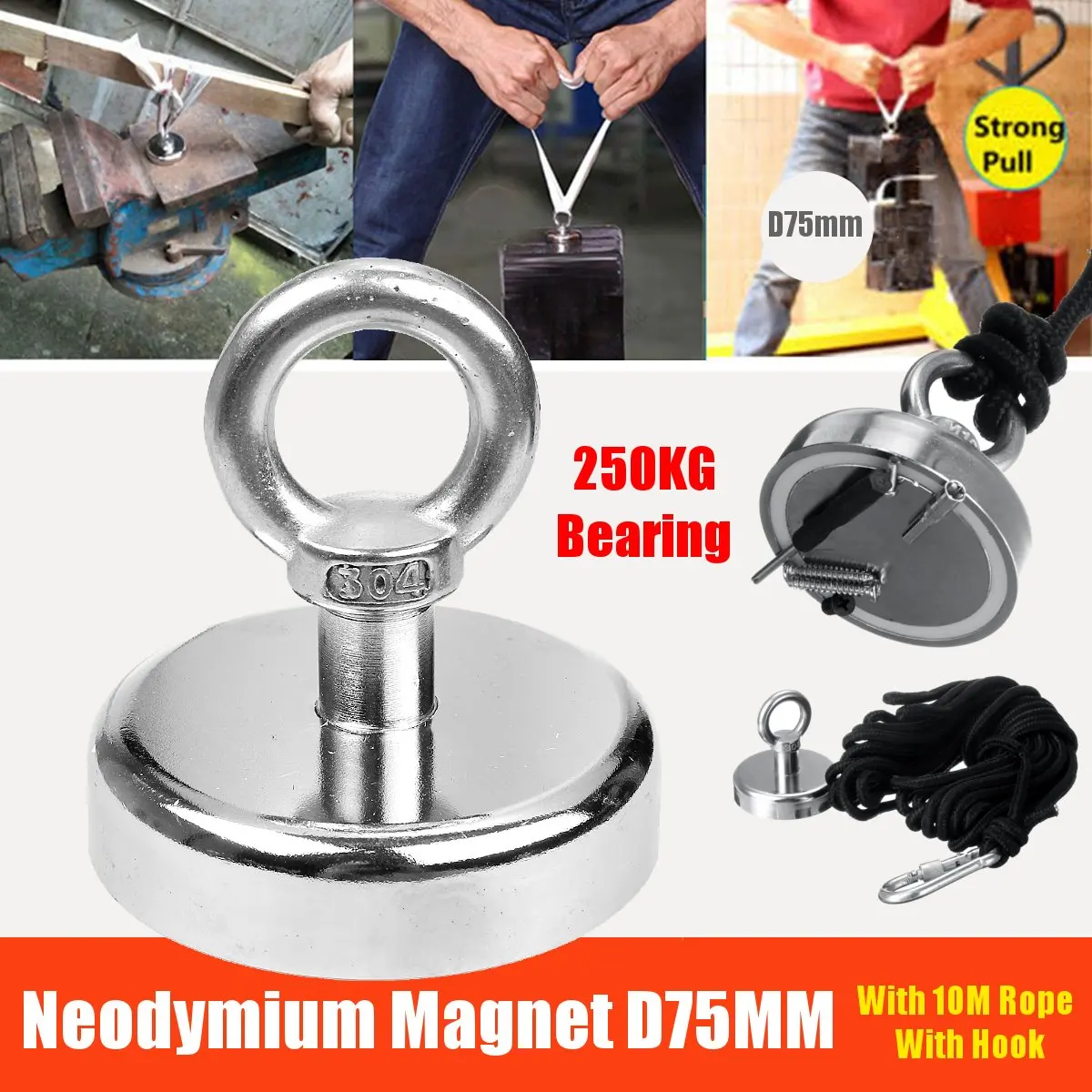 

250kg Pull Fishing Magnetic Treasure Hunting Neodymium Recovery Magnet Powerful Magnetic + 10 Metre Rope