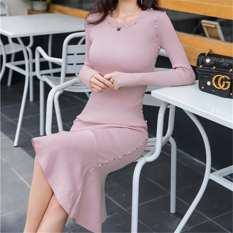 

Korean fashion sweater dress women knitted sweaters dresses elegant woman mermaid beading sweaters dresses women bodycon dress