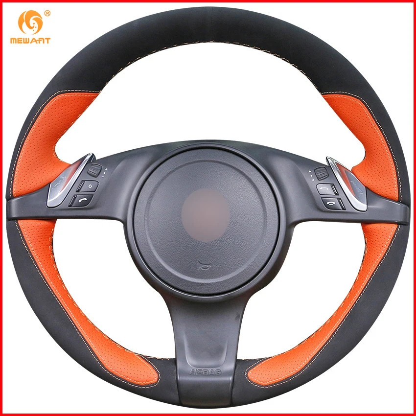 Mewant Orange Leather Black Suede Car Steering Wheel Cover For Porsche Cayenne Panamera 2010