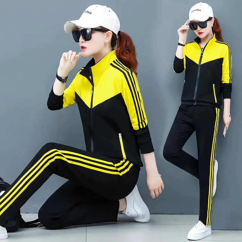 

Spring Women Sport Suit Stripe Printed Jacket Sweatshirt+sweatpant Casual Jogger Running Workout Outfit Set Sportswear Tracksuit