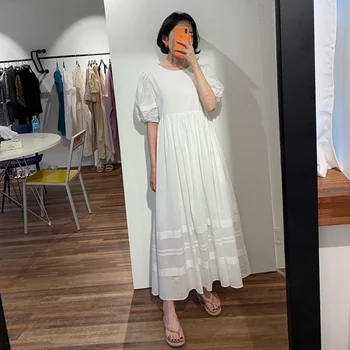 

SuperAen Korean Style Long Dress Women Summer New 2020 Puff Sleeve Ladies Dress Short Sleeve Solid Color Women Clothing