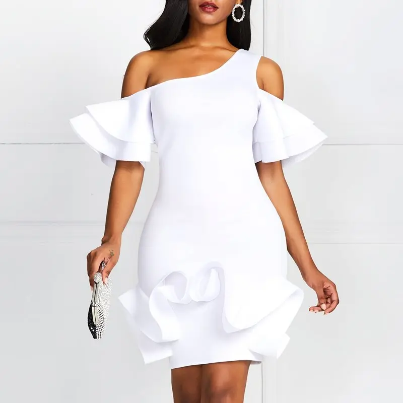 

Sexy Club Plus Size Party Vintage Bodycon Dress Women One Shoulder Ruffle Retro Chic African Female Fashion Mini Dresses