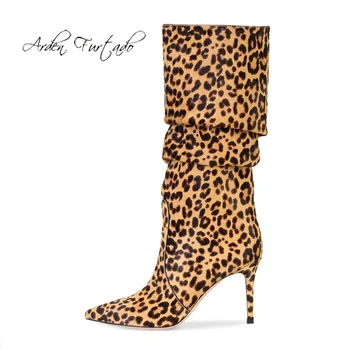 

Arden Furtado Fashion Women's Shoes Winter Pointed Toe Classics Stilettos Heels Slip-on Elegant leopard pleated Knee High Boots