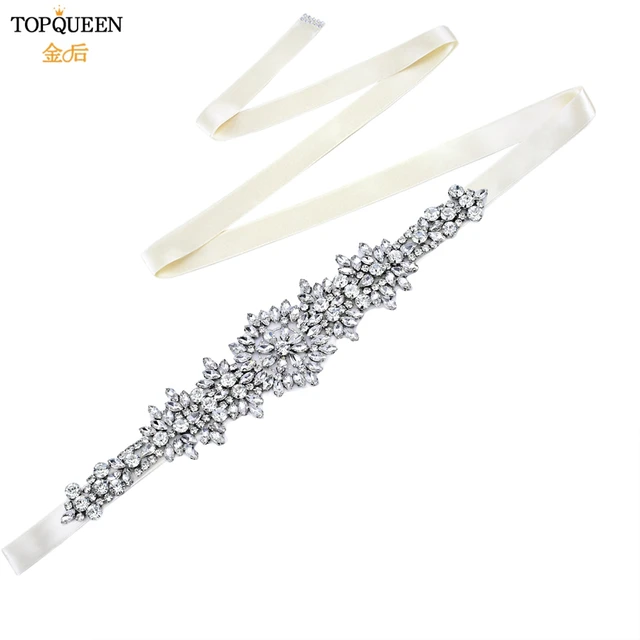 TOPQUEEN S319 Rhinestones Wedding Belts Wedding Sashes Crystal Bridal Belts Decorative Belt with Stones Jeweled Satin Ribbons Ivory ribbon