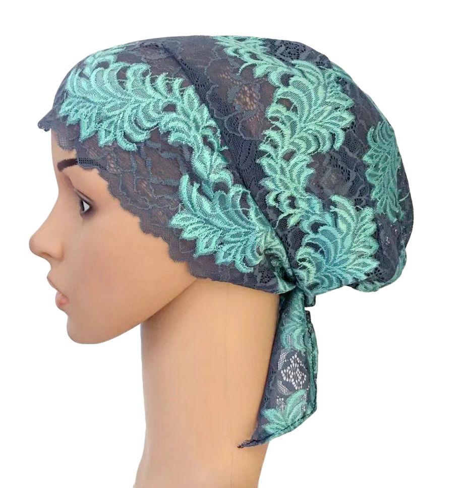 Новая женская мусульманская внутренняя шляпа индийская шапочка выпадение волос кружевная Шапка-тюрбан исламский головной платок Исламская химиотерапия Рак головные уборы дамы - Цвет: Blue Green