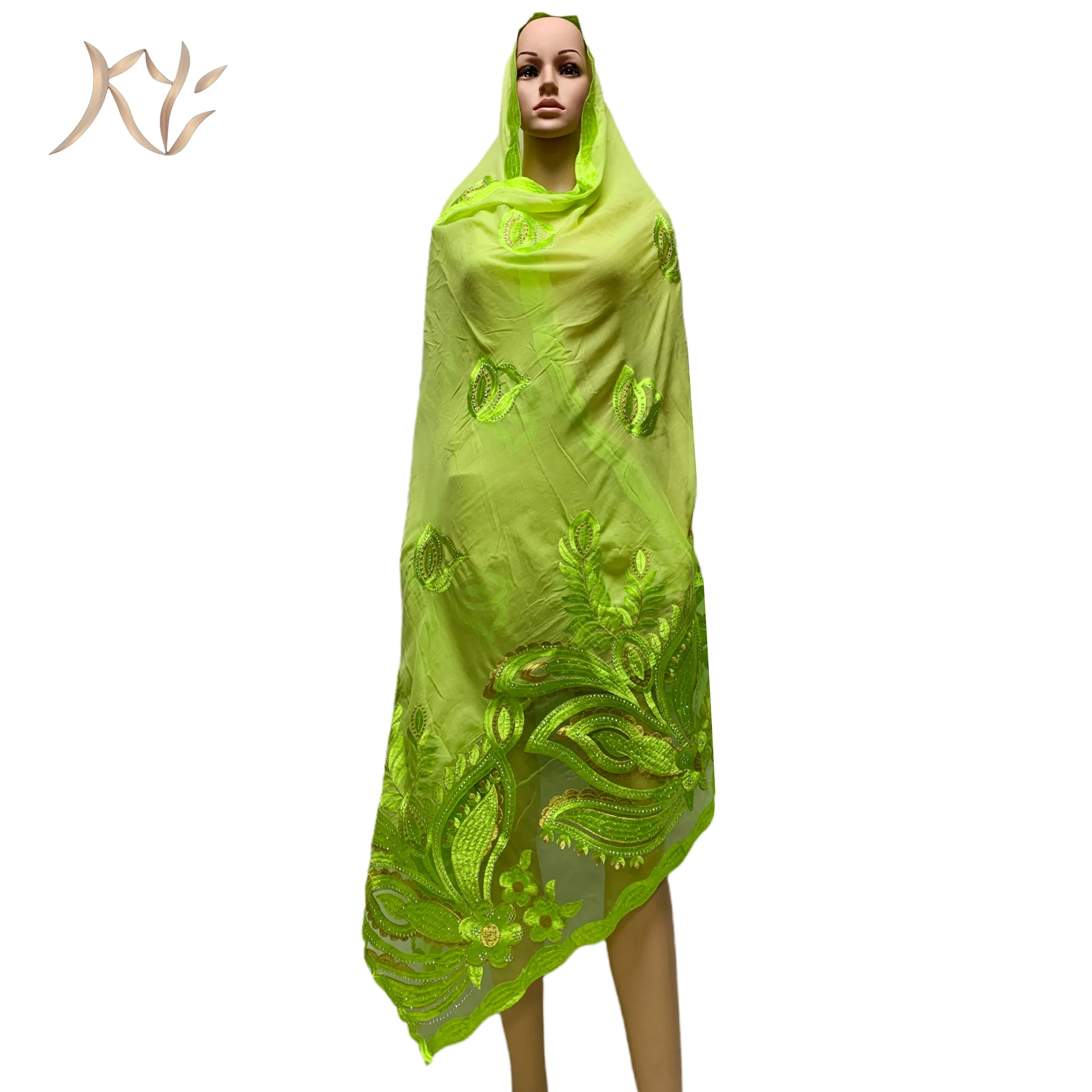 Hot Sale Muslim  African Women Dubai Scarf Big Size Embroidery Cotton splicing with Net Women Hijab Scarf  Sc-61