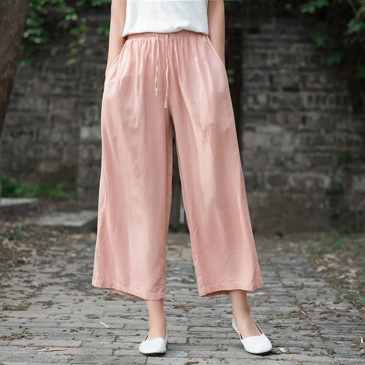 Johnature 2020 Autumn Women New Retro Elastic Waist Cotton Linen Lace Up Wide Leg Pants Loose Casual All-match Ankle-length Pant