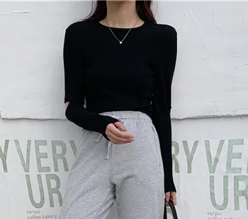 

Women's early autumn solid color round neck long sleeve ripped cotton T-shirt