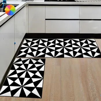 

2pcs/set Kitchen Black Floor Mat Geometric Pattern Area Rugs Carpets Doormat