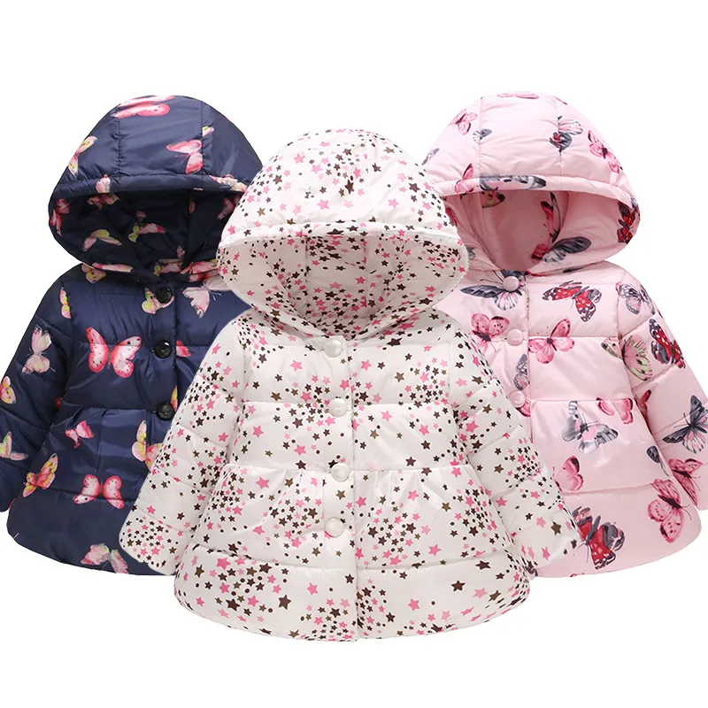 

Autumn and winter infant girl long-sleeved butterfly print hooded fashion cotton children's button cotton jacket thick warm cott