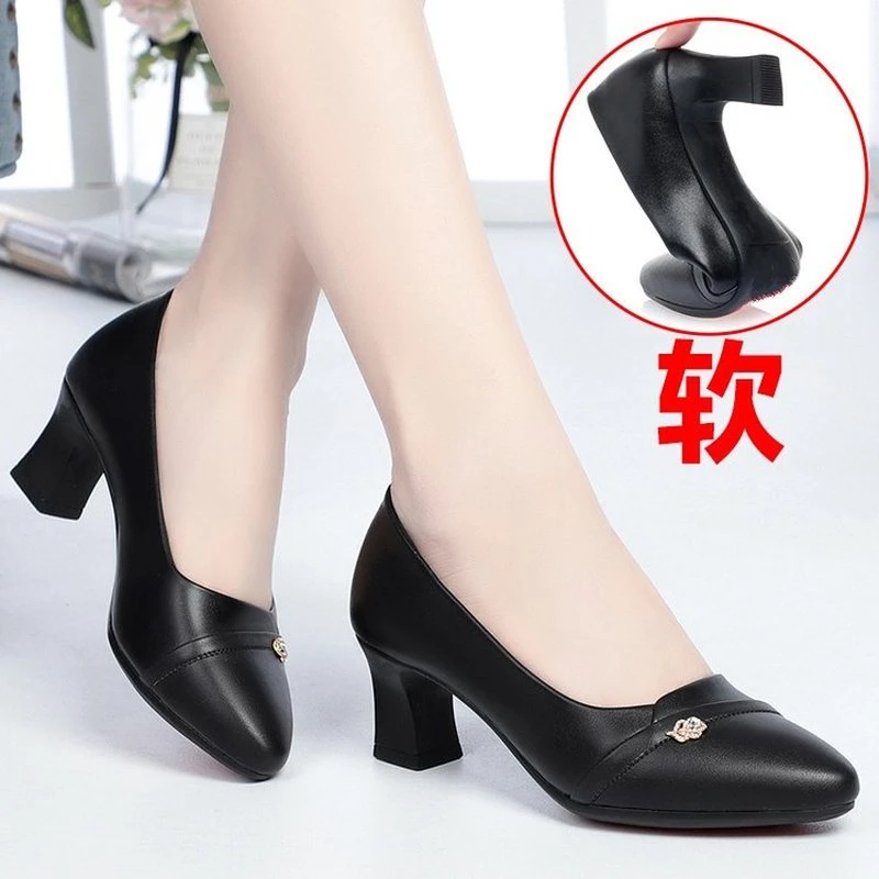 Zapatos de tacón bajo de cuero para mujer, Calzado cómodo para madre de mediana edad, zapatos de trabajo de medio, 2021|Zapatos de tacón de mujer| - AliExpress