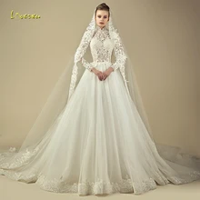 Loverxu, шикарное бальное платье с высоким воротом, свадебные платья, аппликация, длинный рукав, пуговица, кружевное платье невесты, часовня, поезд, свадебное платье размера плюс