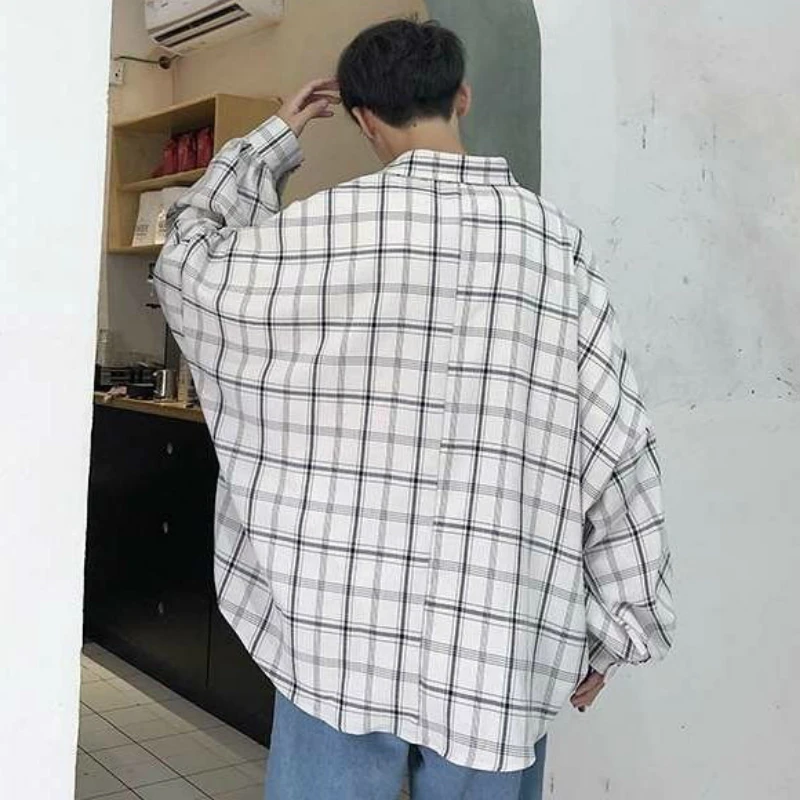 Men Casual Shirts Plaid Single Breasted Long Sleeve Plus Size 3XL Loose Korean Chic Fashion Oversize All-match Thin Outwear BF