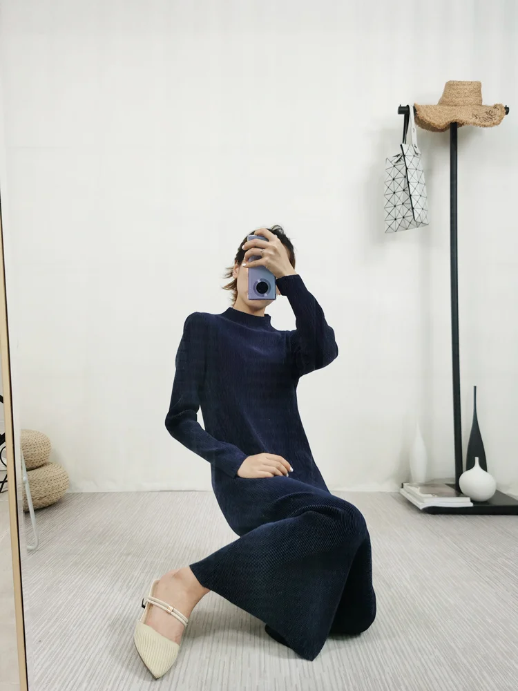 HOT SELLING spring miyake pleated one-piece dress medium-long stand collar long sleeve dress IN STOCK