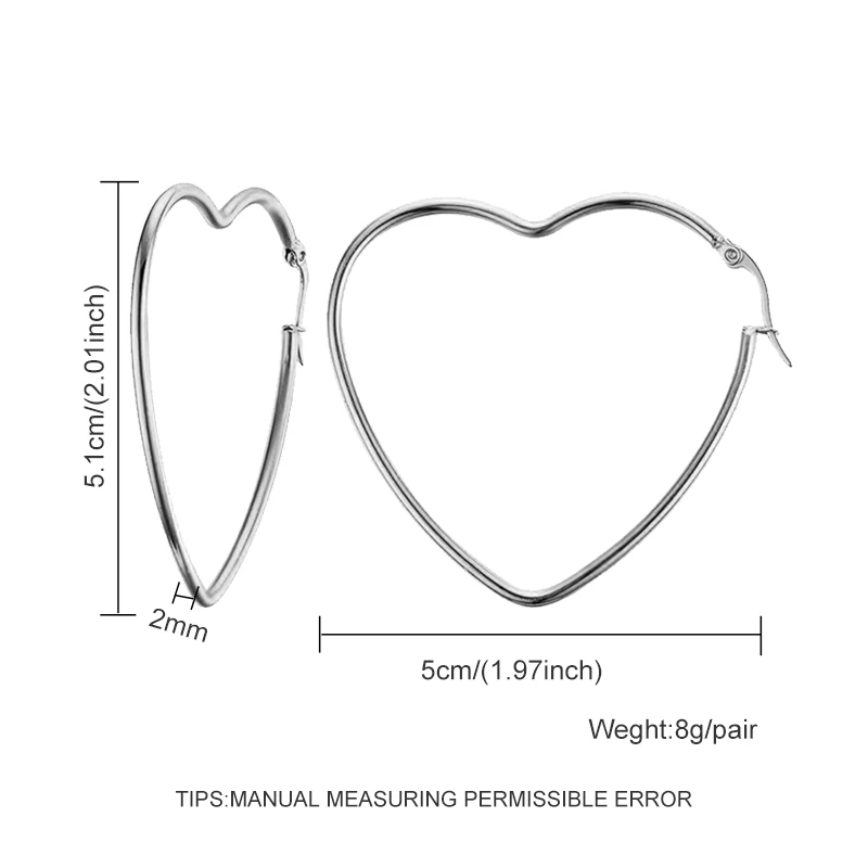Модные серебряные серьги-кольца из нержавеющей стали для женщин 10 мм 80 мм Большой Круг круглая петля креольские серьги ювелирные изделия Букле д 'ореиль - Окраска металла: 5cm heart
