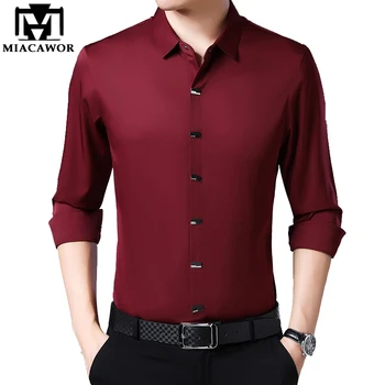 

MIACAWOR White Shirt Men Metal Button French Dress Shirts Slim Fit Long Sleeve Shirt Men Casual Fashion Camisa Masculina C553