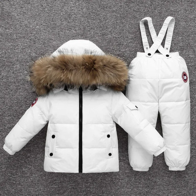Детский зимний комбинезон-30 градусов, пуховая куртка для русской зимы, комплекты одежды детская одежда для маленьких девочек, парка для мальчиков, куртка+ штаны, лыжный костюм - Цвет: Бежевый
