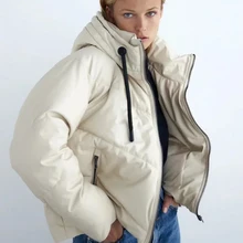 Women Parkas Winter Faux Leather Hooded Thick Coat Solid Long Sleeve PU Padded Jacket Fashion Zipper Up Warm Parka