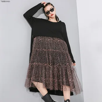 

2020 Round Neck Leopard Print Fashion Dress Tide Long Sleeve False Two Piece Loose Waist Dresses For Women