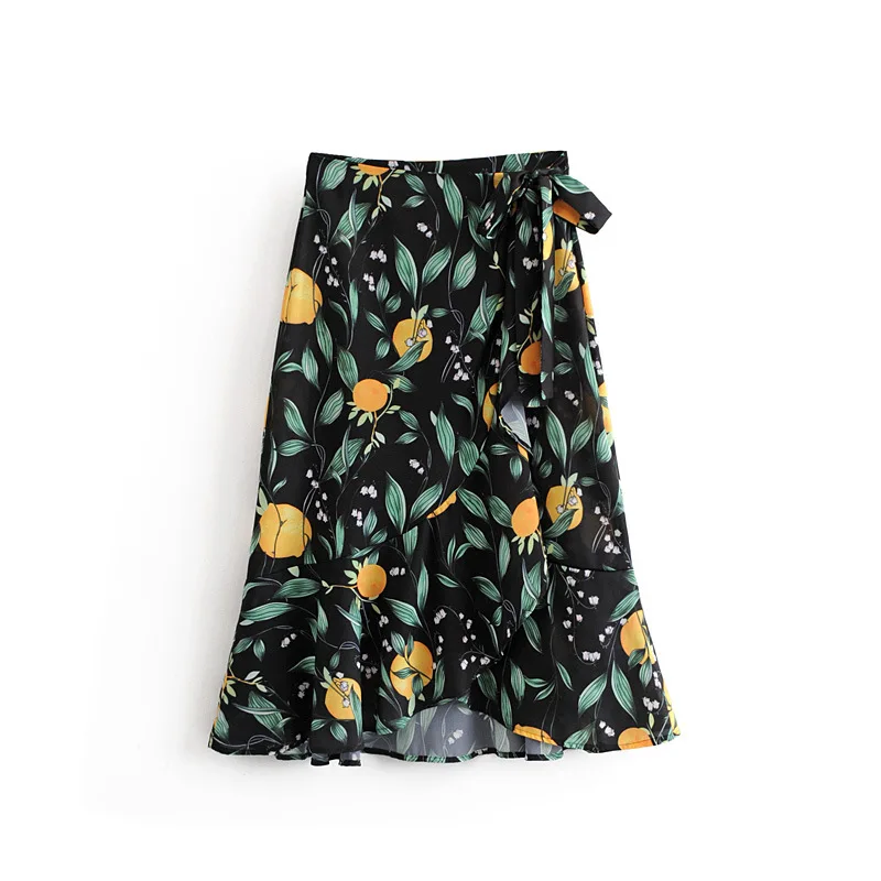

Q6659-6158 Solid Lace-up Lemon Printing Skirt